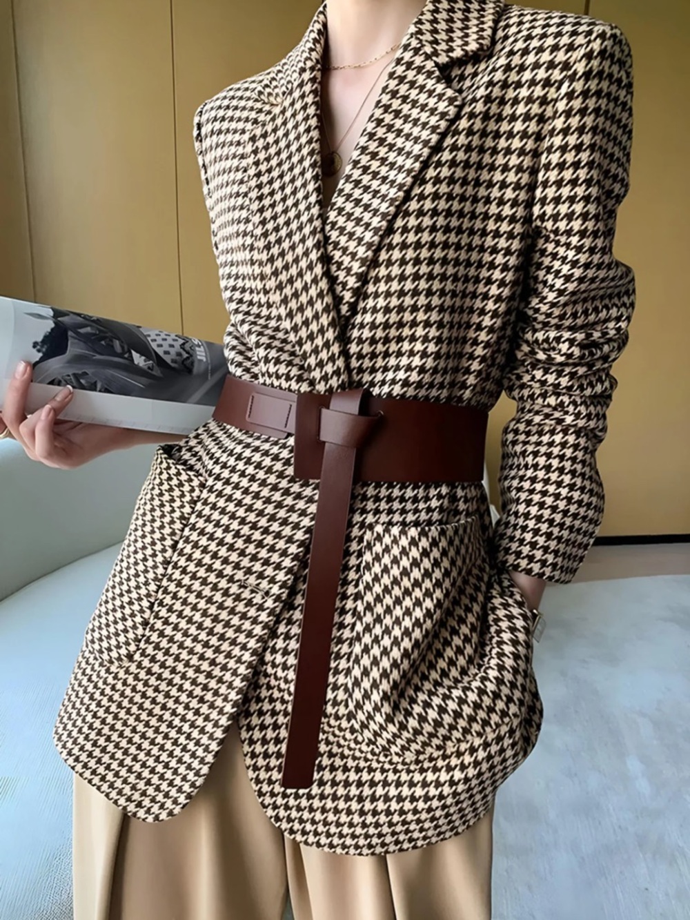Commense Houndstooth Split Blazer With Belt Size Medium NWT